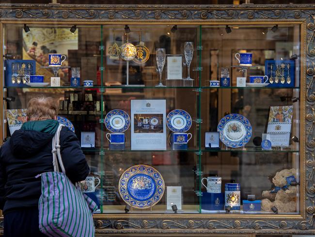 Commemorative memorabilia for sale at the Buckingham Palace shop ahead of the coronation of King Charles III. Picture: Bloomberg via Getty Images