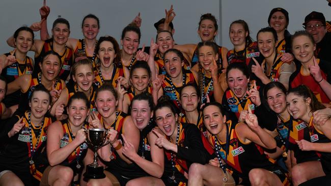 Yarra Old Grammarians celebrating the 2019 VAFA Women's Premier C premiership win. (Picture: VAFA)