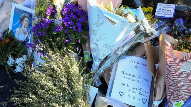 A view of the Tribute to the Queen at Government House in Sydney, where hundreds of bouquets of flowers lay. Picture: NCA Newswire /Gaye Gerard