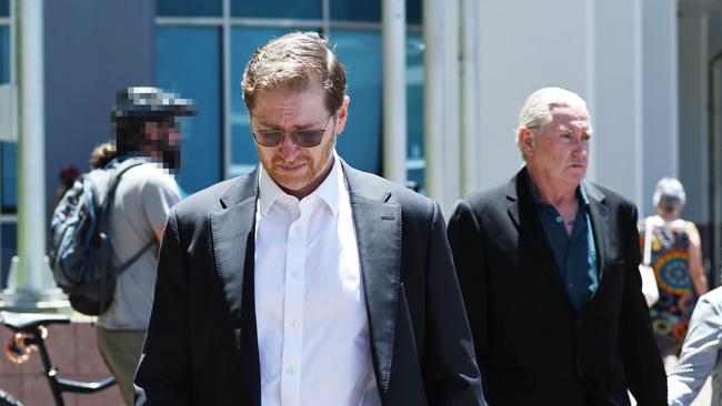 Defence barrister Angus Edwards KC and Toyah Cordingley's father, Troy Cordingley, leave the Cairns Supreme Court during a break in the trial of Rajwinder Singh, 40, who has pleaded not guilty to the murder of Toyah Cordingley on Wangetti Beach on October 21, 2018. Picture: Brendan Radke