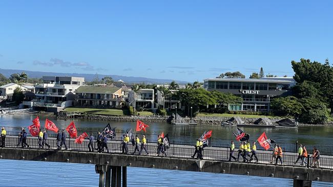 Electrical Trades Union march out the front of The Star Casino for job security on Friday. Photo: Kathleen Skene