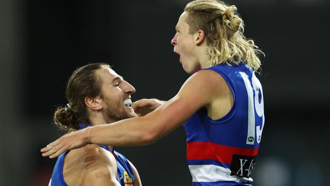 Weightman celebrates his goal with Marcus Bontempelli. Picture: Michael Klein