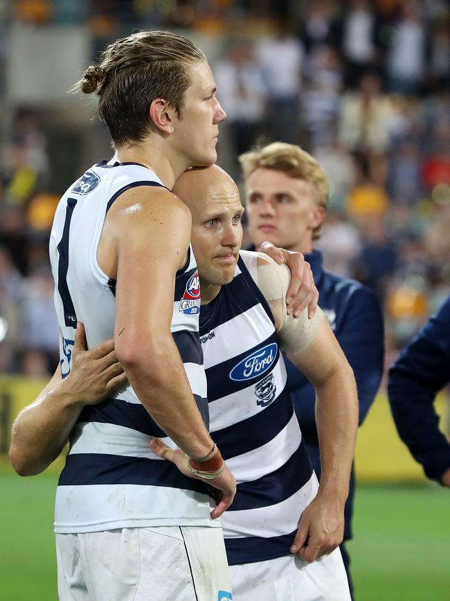 Geelong's Rhys Stanley and Gary Ablett after the loss. Picture: Sarah Reed