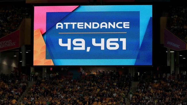 The crowd number at FIFA Women’s World Cup quarterfinal between Australia and France at Suncorp Stadium in Brisbane. Picture: Adam Head