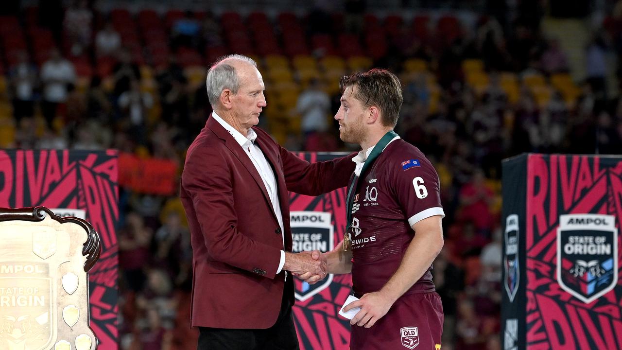 Former Maroons coach Wayne Bennett (left) and Cameron Munster hit it off during Queensland’s epic 2020 Origin campaign.