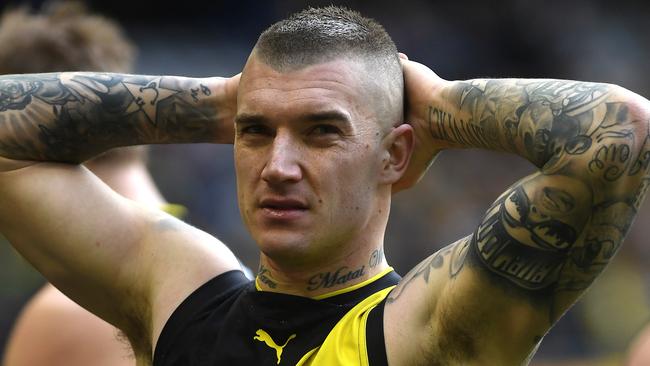 Dustin Martin of the Tigers is seen after the Round 17 AFL match between the Richmond Tigers and the Brisbane Lions at Etihad Stadium in Melbourne, Sunday, July 16, 2017. (AAP Image/Julian Smith) NO ARCHIVING, EDITORIAL USE ONLY