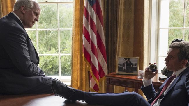 Christian Bale as Dick Cheney, left, and Sam Rockwell as George W. Bush in a scene from Vice. Picture: AP 