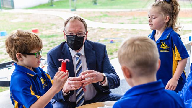 Roger Jaensch, Minister for Education, with some students from Bowen Road Primary school who were showing him their outdoor classroom. Picture: Linda Higginson