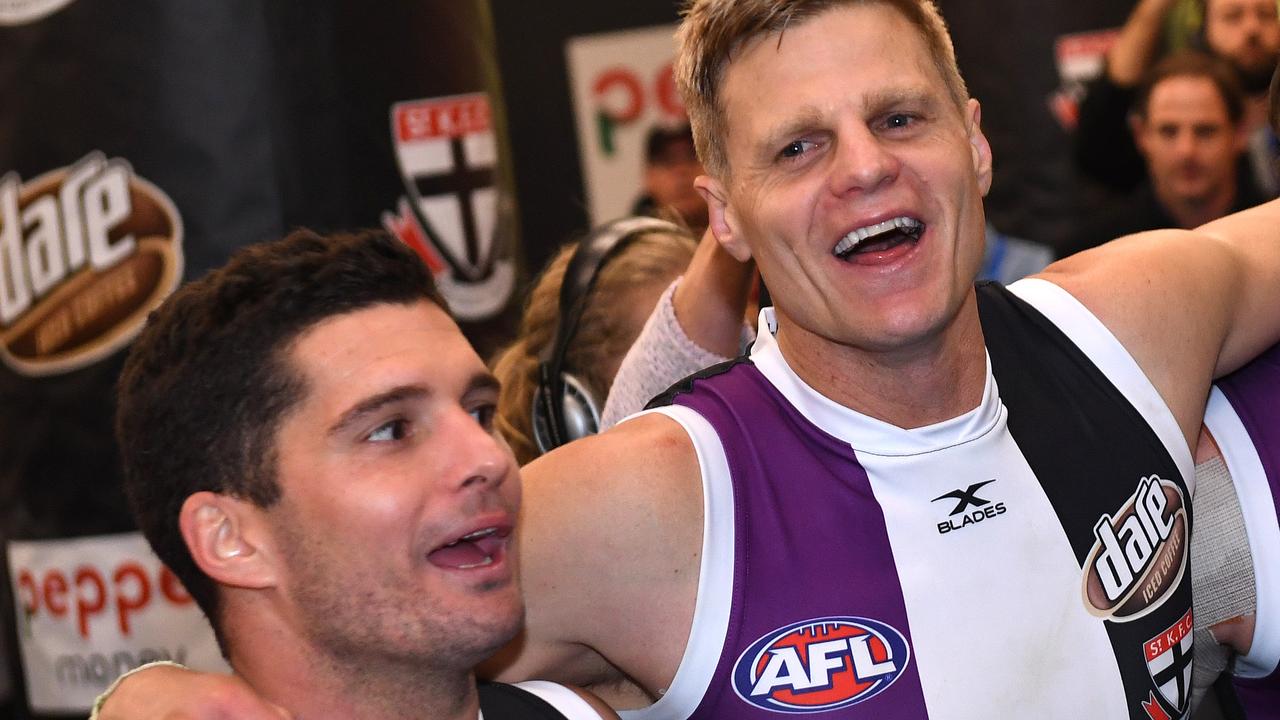 Leigh Montagna and Nick Riewoldt celebrate after St Kilda’s shock smashing of Richmond in 2016. Picture: AAP Images