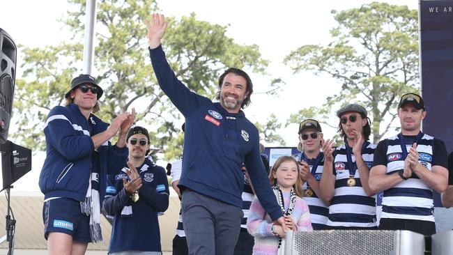 Coach Chris Scott aknowledges the big crowd at the Cats’ post-GF family day. Picture: Mike Dugdale