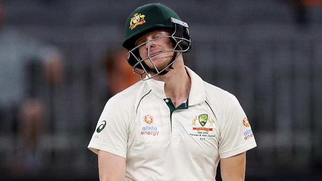 PERTH, AUSTRALIA - DECEMBER 14: Steve Smith of Australia reacts after being dismissed by Neil Wagner of New Zealand during day three of the First Test match in the series between Australia and New Zealand at Optus Stadium on December 14, 2019 in Perth, Australia. (Photo by Cameron Spencer/Getty Images)