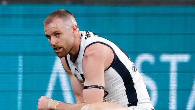 Sam Docherty of the Blues is seen with a dislocated shoulder. Picture: Dylan Burns/AFL Photos via Getty Images