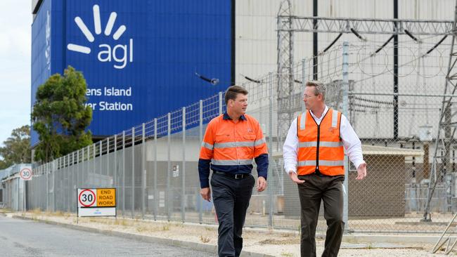 AGL managing director and CEO Brett Redman and South Australia Energy Minister Dan van Holst Pellekaan at AGL’s Torrens Island Power Station on Wednesday. Picture AGL