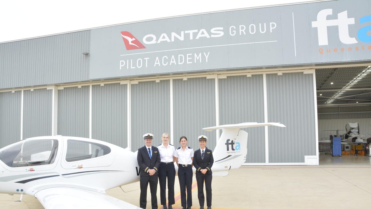 At the Qantas Pilot Academy at Wellcamp Airport are (from left) Thomas Fanshawe, Jasmine Kovacs, Allegra Taylor and Beth Acton. Picture: Rhylea Millar