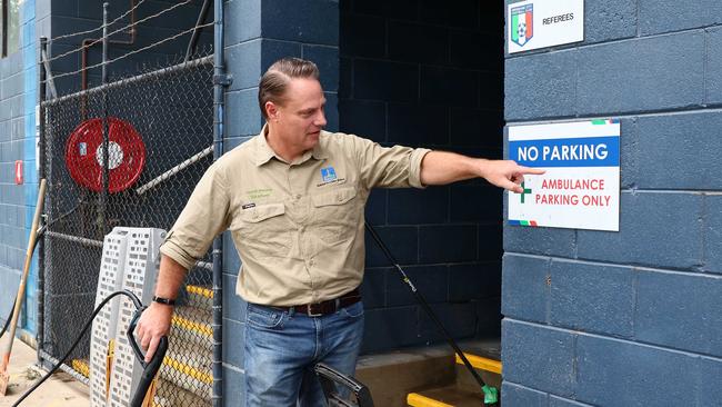 Lord Mayor Adrian Schrinner at the flooded Brisbane City soccer club where he announced $7500 clean-up grants. Picture: NewsWire/Tertius Pickard