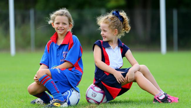 Friends Cassie Hill 6 and Rosie Ferguson 6. Cassie starts netball this year while her friend Rosie starts soccer. Pic Nathan Edwards