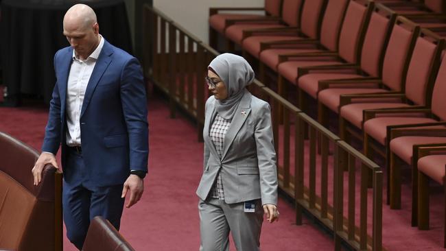 Senator Fatima Payman crosses the floor to support senator Mehreen Faruqi’s motion to have the Senate recognise Palestine as a state at Parliament House in Canberra. Picture: NewsWire/ Martin Ollman