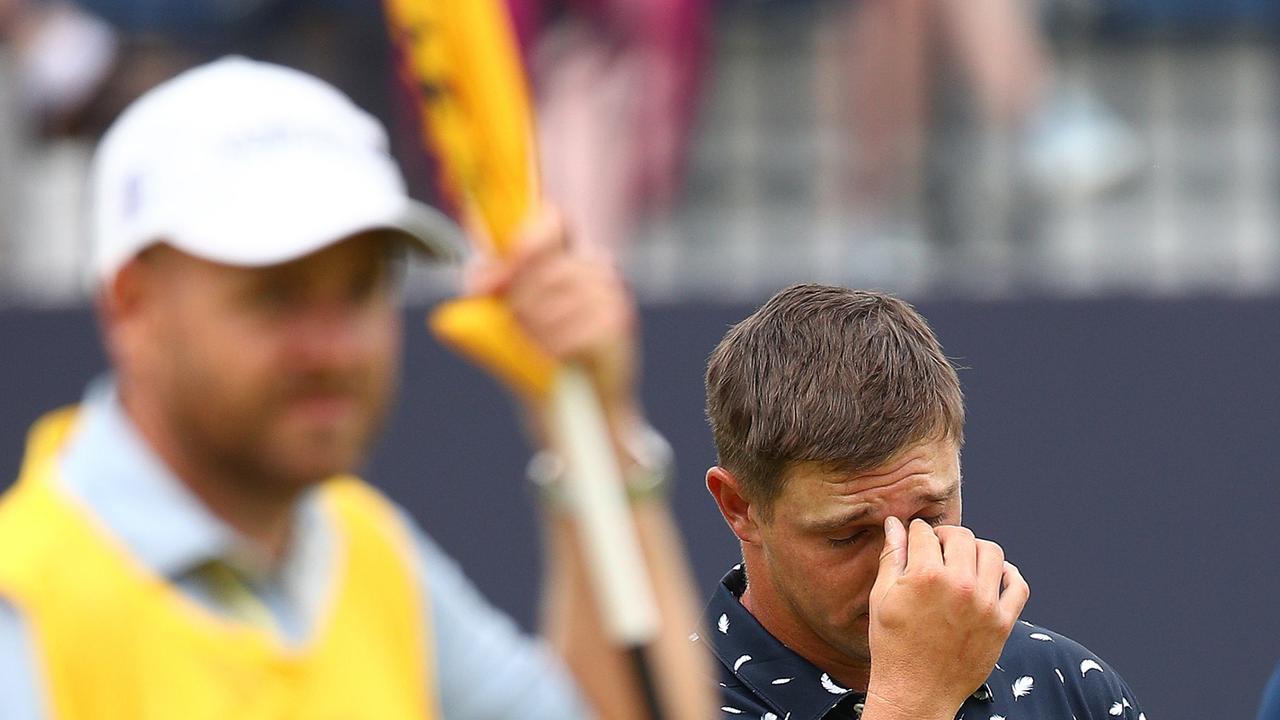 SANDWICH, ENGLAND - JULY 15: Bryson DeChambeau of the United States reacts during Day One of The 149th Open at Royal St GeorgeÃ¢â&#130;¬â&#132;¢s Golf Club on July 15, 2021 in Sandwich, England. (Photo by Christopher Lee/Getty Images)