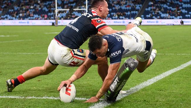 NRL 2024 RD13 Sydney Roosters v North Queensland Cowboys – Braidon Burns, try, celeb. Picture: NRL Photos