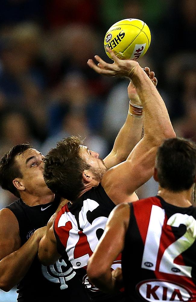 Cale Hooker takes an impressive one-handed mark from a Zach Tuohy torp. Picture: Wayne Ludbey