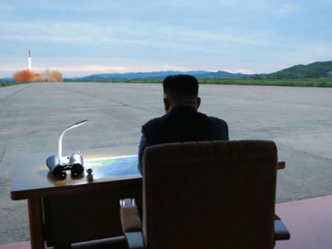 Kim Jong-un watches the Hwasong-12 IRBM launch. Picture: KCNA