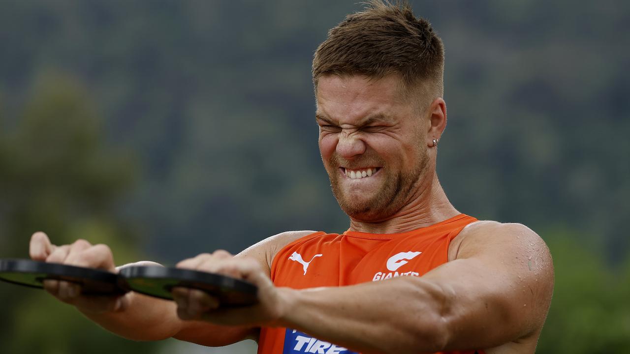 Harry Himmelberg working hard during the GWS Giants pre-season training camp at Milson Island on the Hawkesbury River. Picture: Phil Hillyard