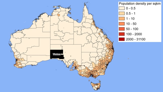 SA Western SA2 location at scale within the Australian continent. Source: ABS Regional Population 2021