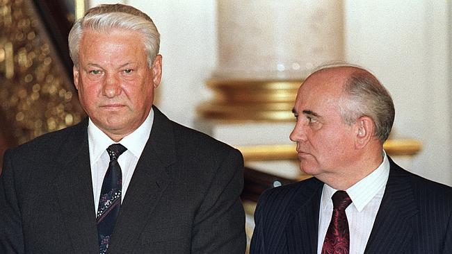 Soviet president Mikhail Gorbachev with Russian president Boris Yeltsin in October 1991. Picture: AFP.