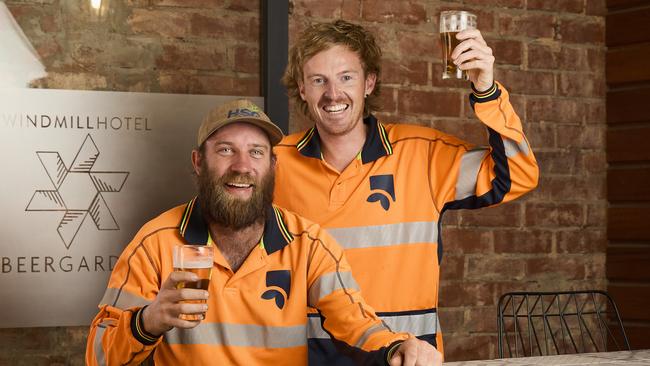 Tayt Syme and Wade Fletcher at the Windmill Hotel in Prospect, as part of their Pint at Every Pub. Picture: Matt Loxton