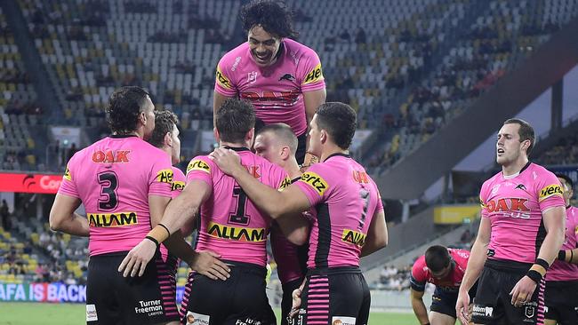 TOWNSVILLE, AUSTRALIA – SEPTEMBER 18: Brian To'o of the Panthers celebrates after scoring a try during the round 19 NRL match between the North Queensland Cowboys and the Penrith Panthers at QCB Stadium on September 18, 2020 in Townsville, Australia. (Photo by Ian Hitchcock/Getty Images)