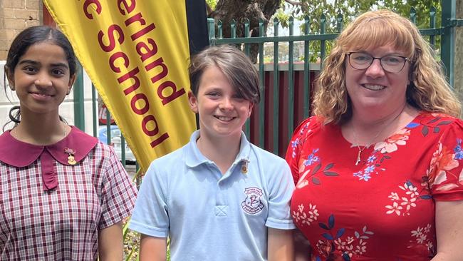 Sutherland Public School after being named one of the top-performing NAPLAN schools for Year 5 between 2017 and 2021. In picture Principal and captains Elsha Sabapathy, Caleb Day, Leah Woolley Principal