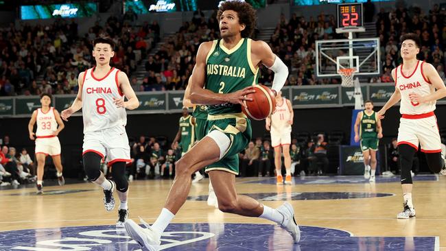 Matisse Thybulle of the Australian Boomers drives to the basket during the game between the Australia Boomers and China at John Cain Arena on July 2, 2024 in Melbourne, Australia. (Photo by Kelly Defina/Getty Images)