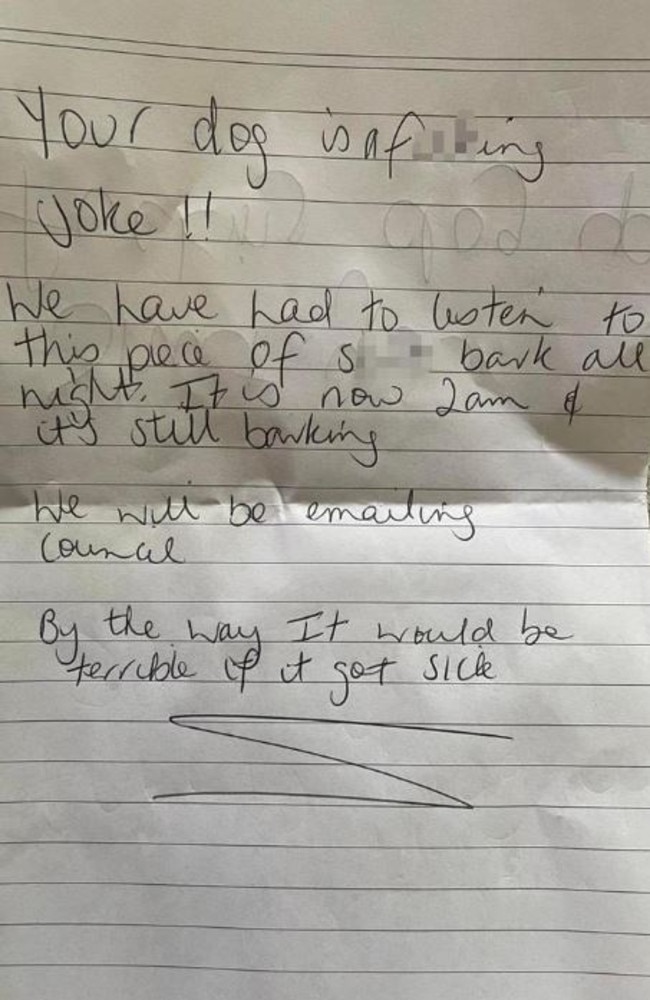 The letter, which was placed in the individual‘s mailbox, complained about the dog’s barking in the middle of the night.