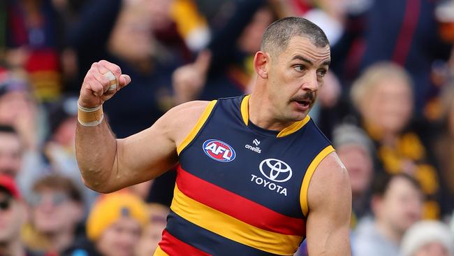 ADELAIDE, AUSTRALIA - JULY 28: Taylor Walker of the Crows celebrates a goal during the 2024 AFL Round 20 match between the Adelaide Crows and the Hawthorn Hawks at Adelaide Oval on July 28, 2024 in Adelaide, Australia. (Photo by Sarah Reed/AFL Photos via Getty Images)