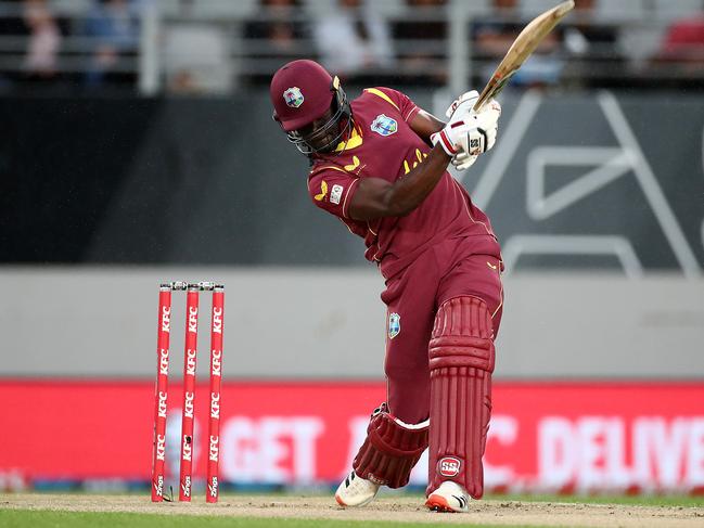 AUCKLAND, NEW ZEALAND - NOVEMBER 27: Andre Fletcher of the West Indies take a shot during game one of the International T20 series between New Zealand and the West Indies at Eden Park on November 27, 2020 in Auckland, New Zealand. (Photo by Fiona Goodall/Getty Images)