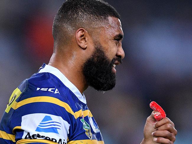 Michael Jennings of the Eels reacts as he leaves the field after being sent to the sin bin during the Round 13 NRL match between the Parramatta Eels and the Newcastle Knights at ANZ Stadium in Sydney, Saturday, June 2, 2018. (AAP Image/Dan Himbrechts) NO ARCHIVING, EDITORIAL USE ONLY