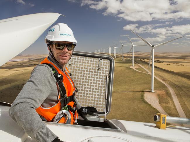 Cadel Evans on a wind turbine in Snowtown.