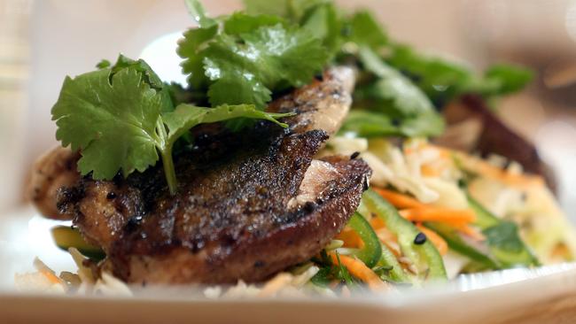 Photo of Blackened quail, slaw, sesame at Jimmy Wah’s. Pic by Richard Gosling