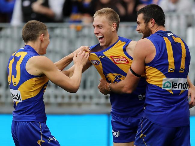 Oscar Allen (middle) is widely considered the Eagles’ brightest young prospect. Picture: Will Russell/AFL Photos/via Getty Images