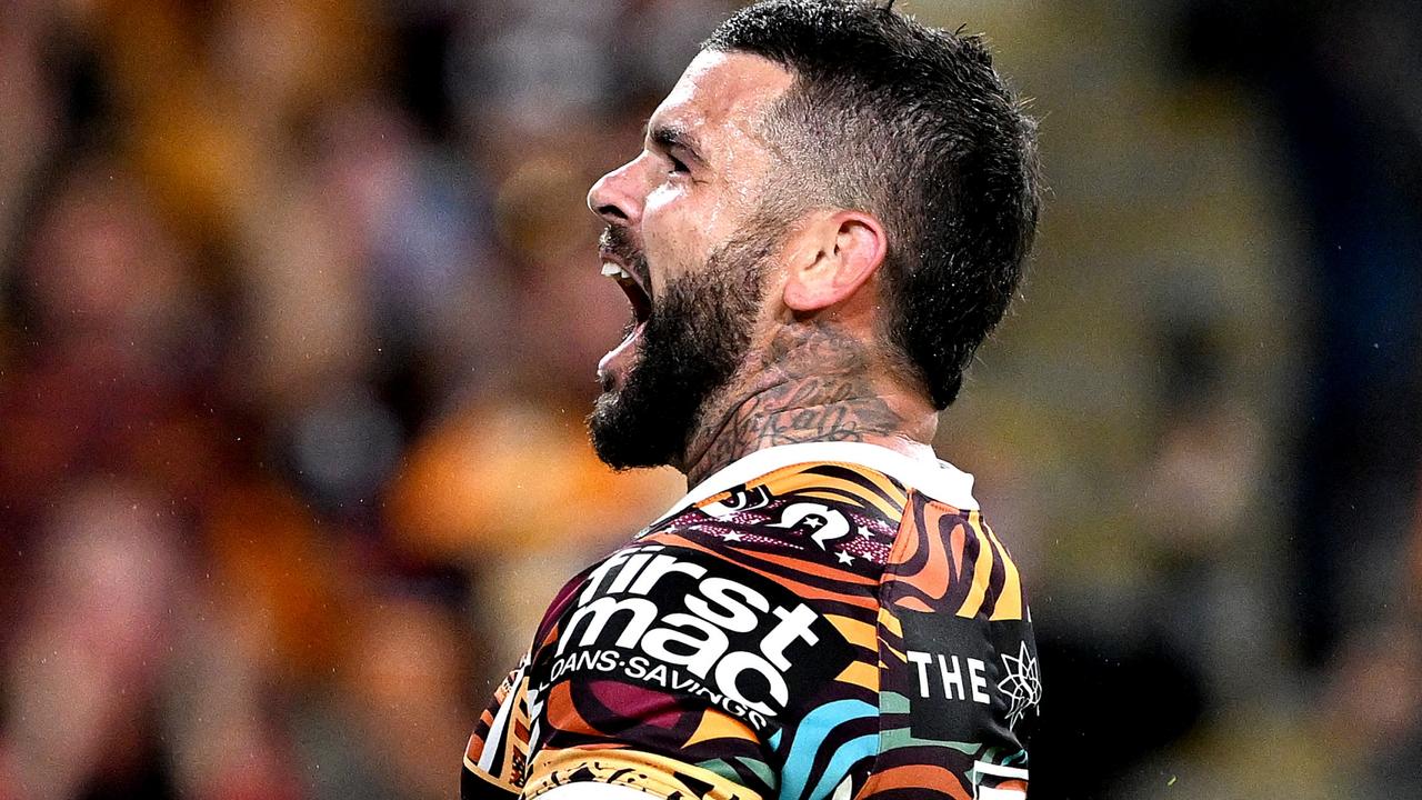 BRISBANE, AUSTRALIA - JUNE 10: Adam Reynolds of the Broncos celebrates after scoring a try during the round 15 NRL match between Brisbane Broncos and Newcastle Knights at Suncorp Stadium on June 10, 2023 in Brisbane, Australia. (Photo by Bradley Kanaris/Getty Images)