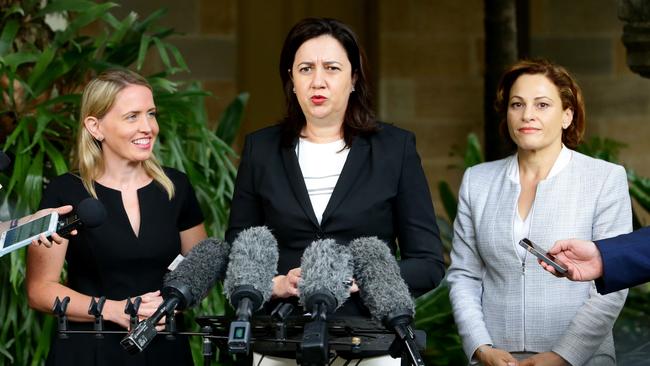 Ministers Kate Jones and Jackie Trad with Premier Annastacia Palaszczuk to announce the changes.  Picture: Darren England