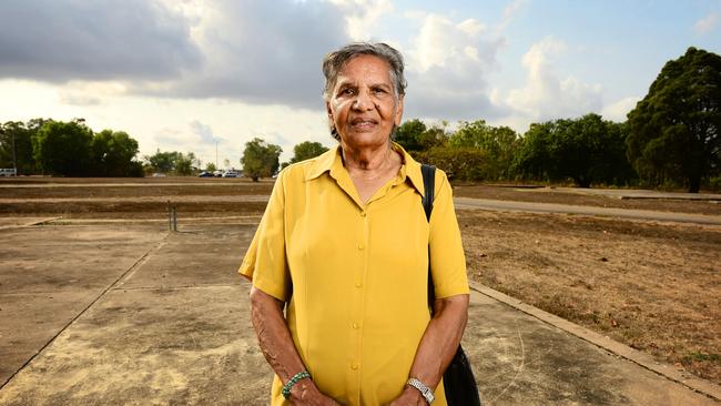 Gurindji woman Lorna Cubillo, pictured here at age 76, who was taken as a child from her home lands and put in the old Retta Dixon home at Bagot reserve. She is pictured at the Retta Dixon site on the corner of Bagot and Totem Rd where the Royal Commission held a viewing.