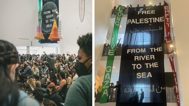Hundreds of demonstrators then staged a sit-in in the gallery’s atrium space, chanting “Free, Free, Palestine,”