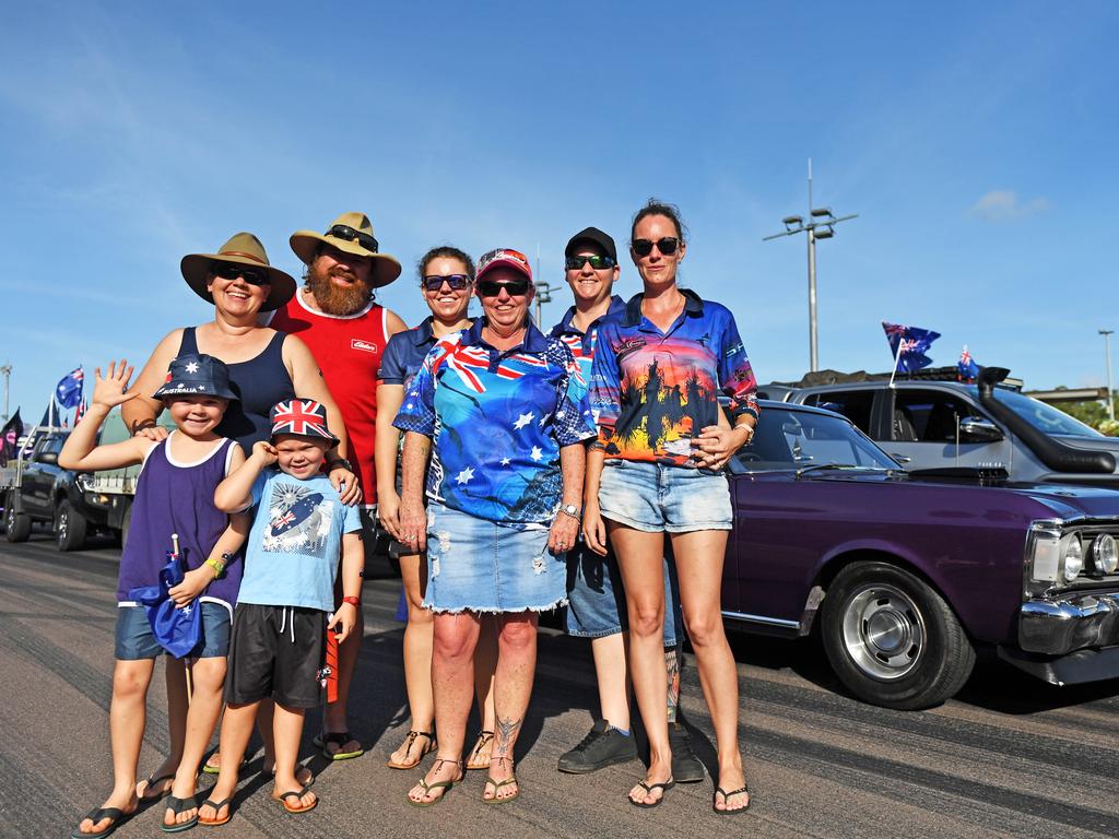 Kym, Jake, 8, Sam, 6, and Paul Rhook with friends Lauren Heaslip, Toni Blewit and Chloe and Kat Lehman at Hidden Valley for the annual Variety NT Australia Day Ute run. Picture: Che Chorley