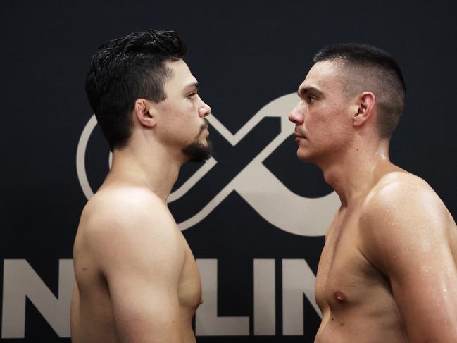 The fight is back on: Joey Spencer (L) and Tim Tszyu (R) will face off on Sunday. Picture: Getty