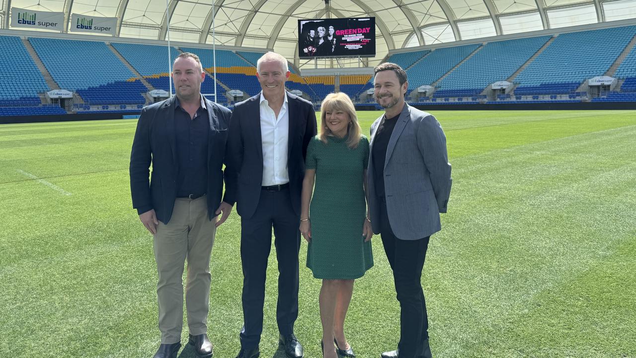 Cbus Stadium general manager Kristian Blundell, Experience Gold Coast CEO John Warn, acting Gold Coast mayor Donna Gates and Ticketmaster Australia’s chief executive Gavin Taylor announce Green Day’s 2025 Australia tour. Picture: Andrew Potts.