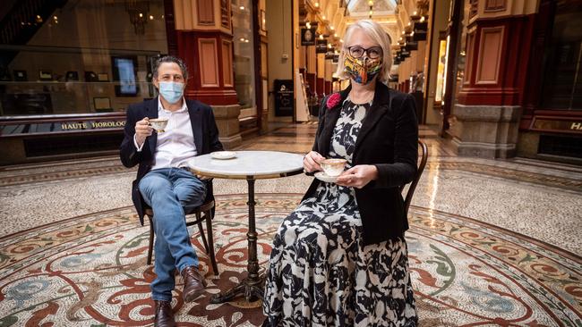 Grant Cohen shows Lord Mayor Sally Capp the restoration works at the Block Arcade. Picture: Jake Nowakowski