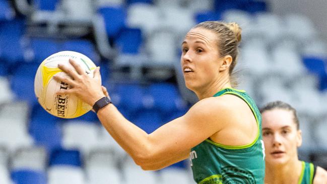 Paige Hadley training with the Australian Diamonds ahead of their World Cup appearance in South Africa. Photo: Jake Nowakowski