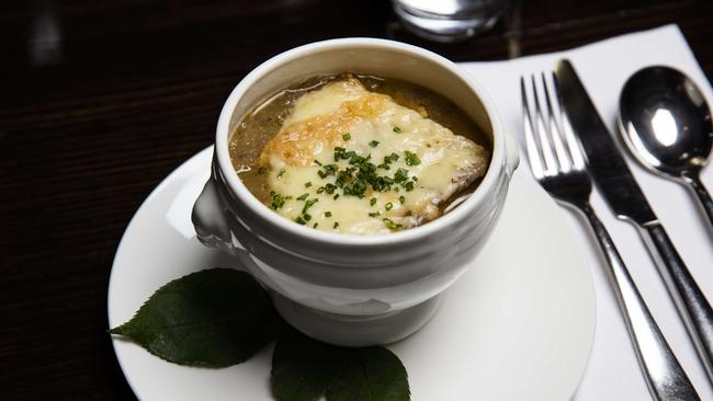 Frnch onion soup at Curly Whiskers. Picture: Nicole Cleary