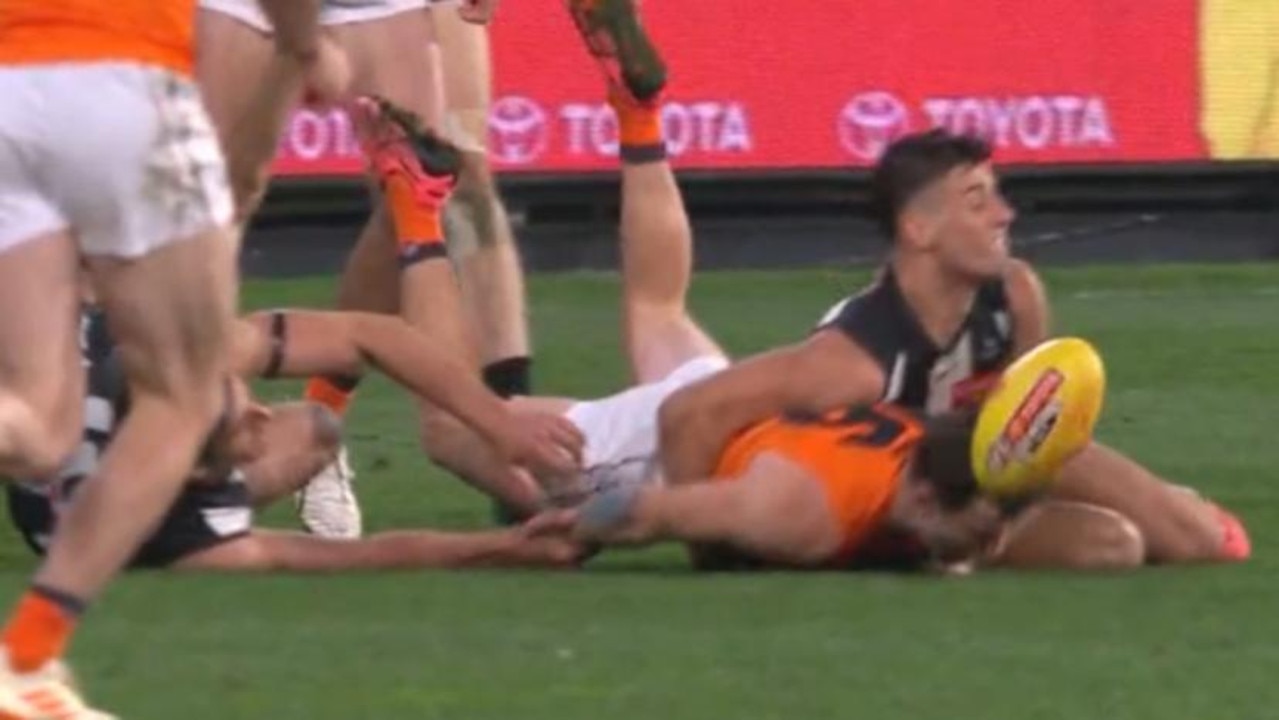 Brent Daniels had to be sent for a head impact assessment after this hit from Nick Daicos. Photo: Seven